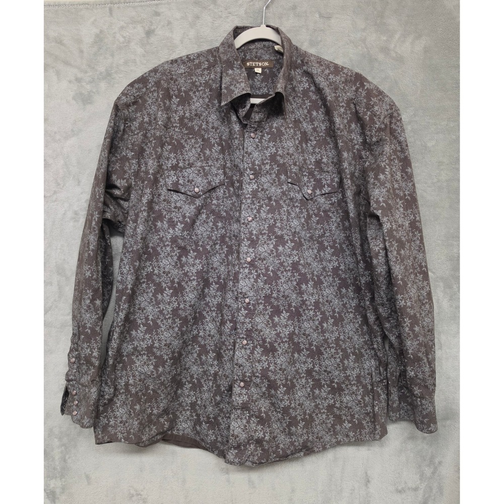 Stetson Mens 2XL Brown Floral Western Snap Long Sleeve Shirt Cotton Cowboy
